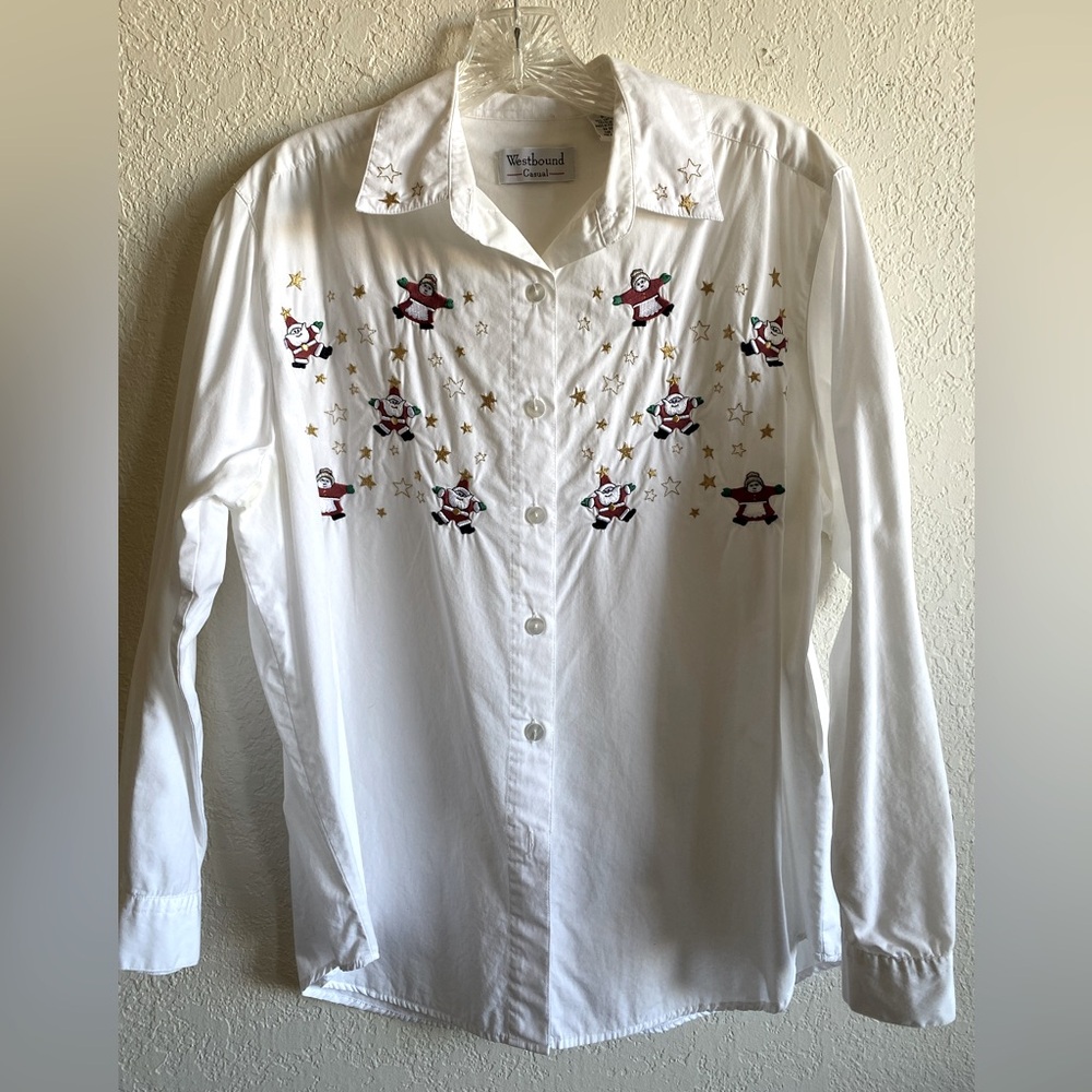 Women’s Holiday Blouse Sz M Embroidered Vintage 100% Cotton